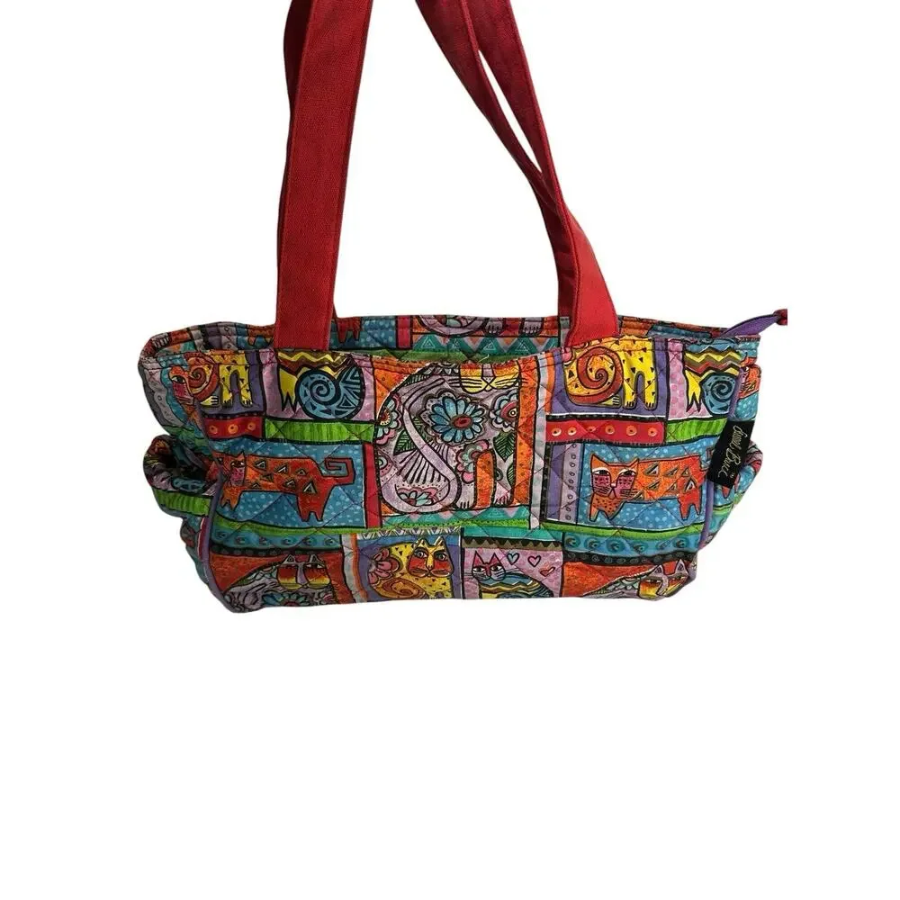 Laurel Burch Colorful Cat Print Quilted Shoulder Tote Bag Purse Whimsical Art